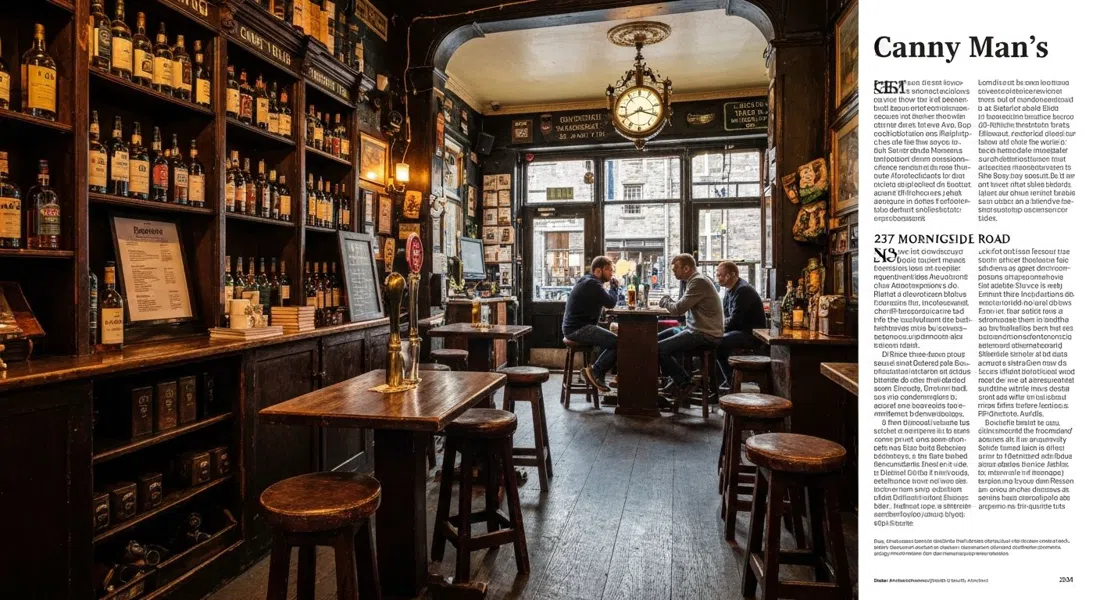 the cluttered interior of Canny Man’s at 237 Morningside Road, with whisky shelves, Victorian bric-a-brac and a low pub glow
