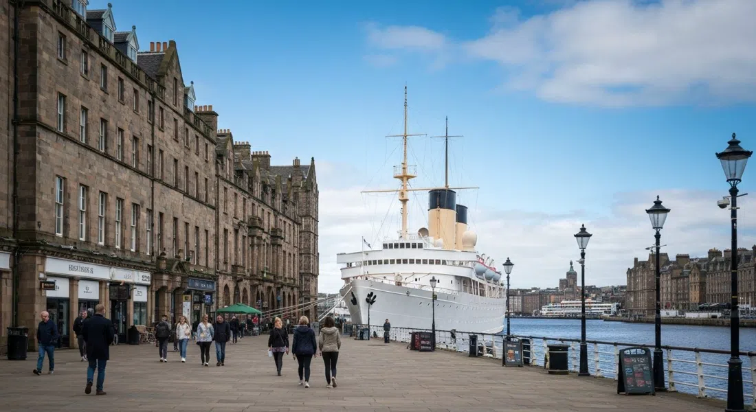 The Royal Yacht Britannia berthed at Ocean Terminal on a clear day, the ship’s white superstructure and decks visible beside the waterfront mall