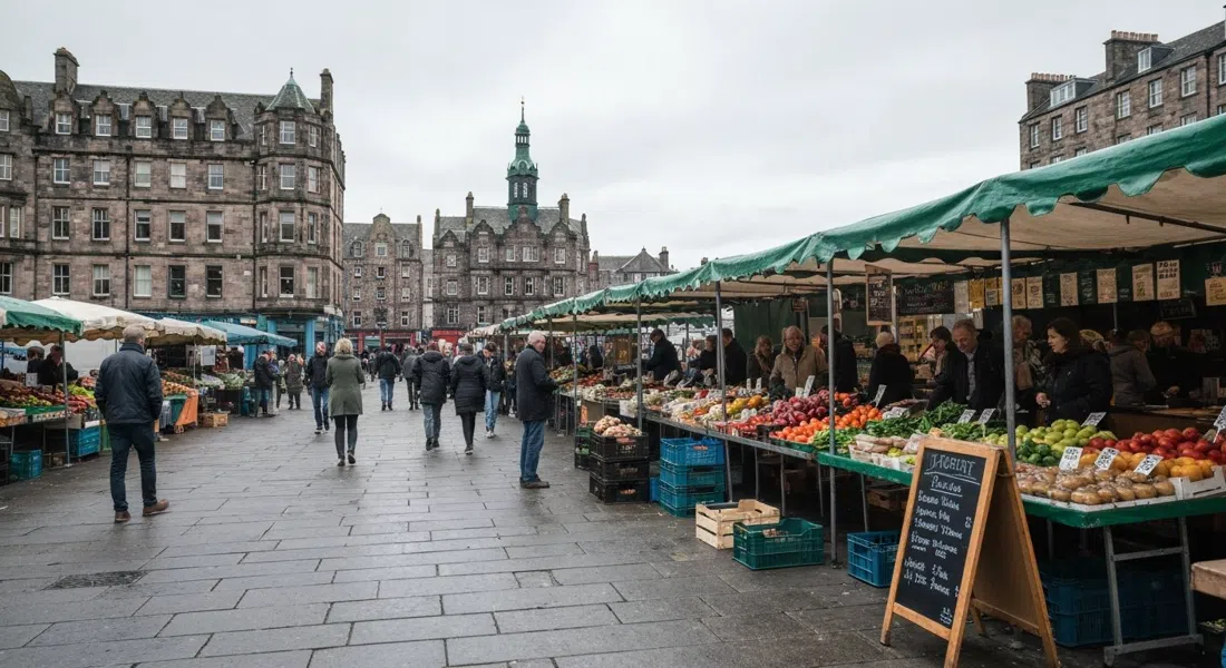 a weekend market scene near the waterfront in Leith, stalls of produce and street food under soft Edinburgh daylight