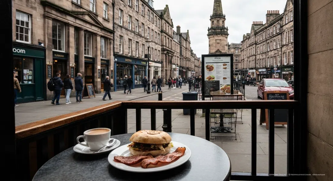 Dishoom on St Andrew Square at breakfast time, with the queue outside and a bacon naan roll on the table beside tea in the warm café interior