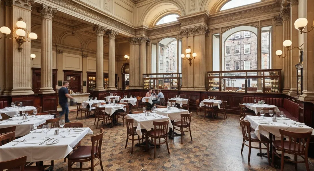 the grand interior of Contini George Street in a former banking hall, 26-foot ceilings, Corinthian columns and tables set for lunch