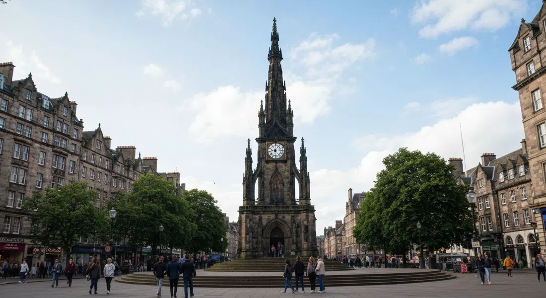 the Scott Monument rising above Princes Street Gardens, photographed from below with its Gothic spire against a bright Edinburgh sky