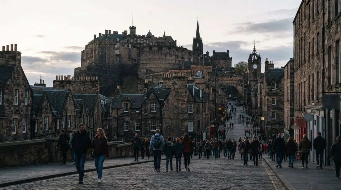 Edinburgh Castle rising above the Old Town ridge at late afternoon, the stone fortress silhouetted against a pale sky with the Royal Mile dropping away below