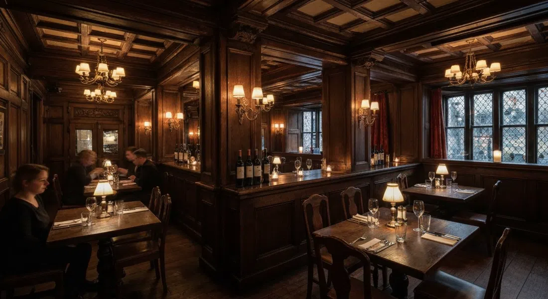 candlelit dining room inside The Witchery by the Castle, dark oak panelling, silverware and low lamps creating a theatrical evening scene