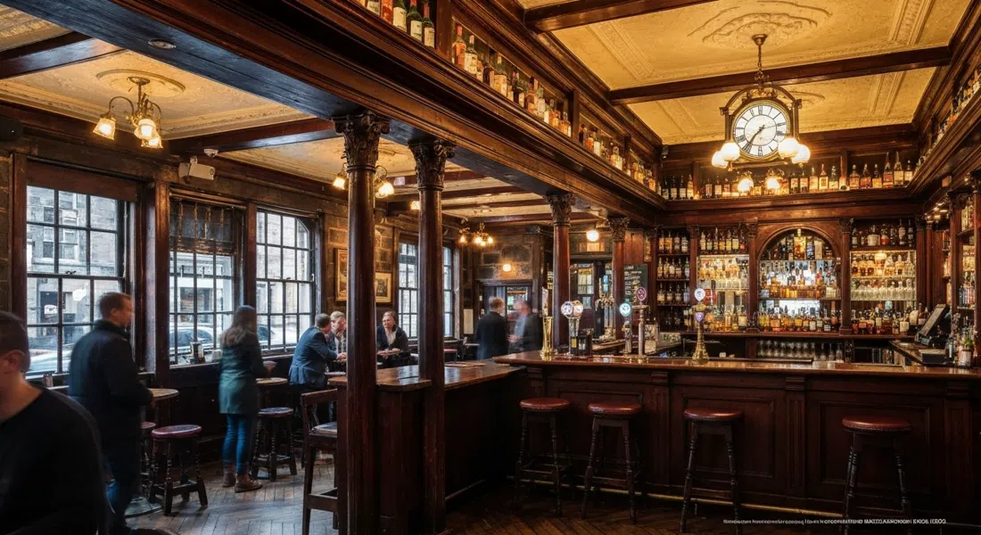 the interior of The Bow Bar on West Bow, mahogany gantry lined with whisky bottles, warm Victorian pub lighting and a quiet timber bar