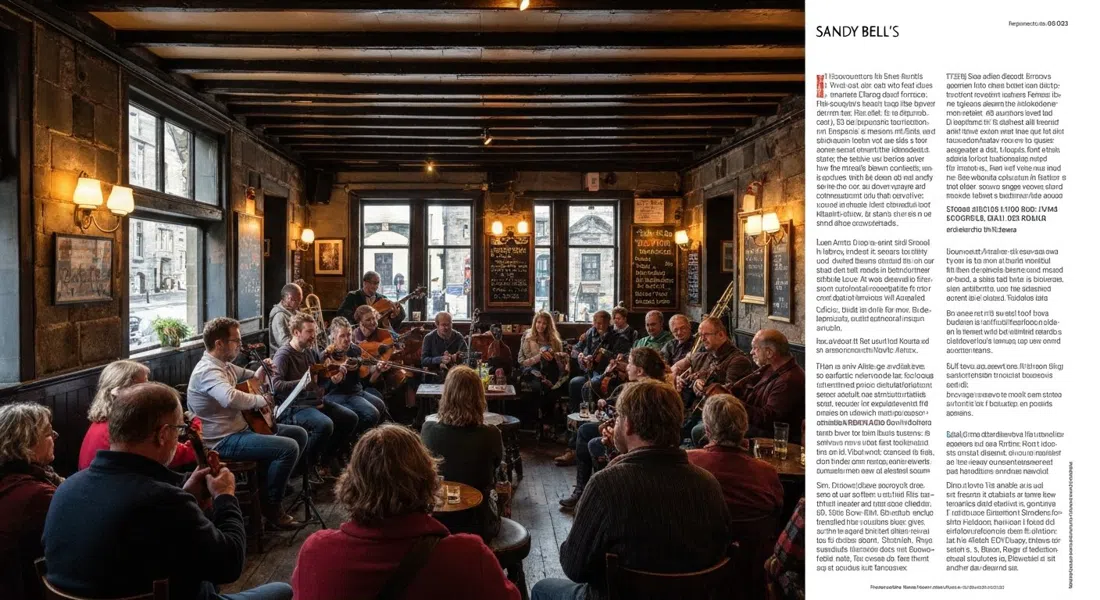 live folk session inside Sandy Bell’s on Forrest Road, musicians packed into a small pub room with listeners standing shoulder to shoulder
