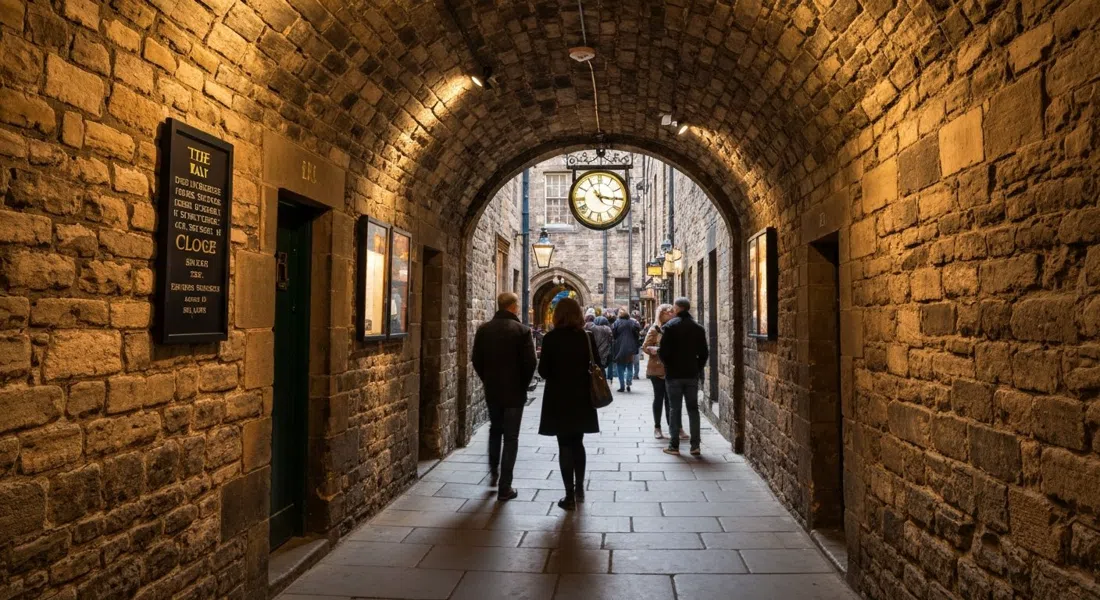 the narrow stone passage of The Real Mary King’s Close, low-lit preserved 17th-century walls and guide-led tour atmosphere underground
