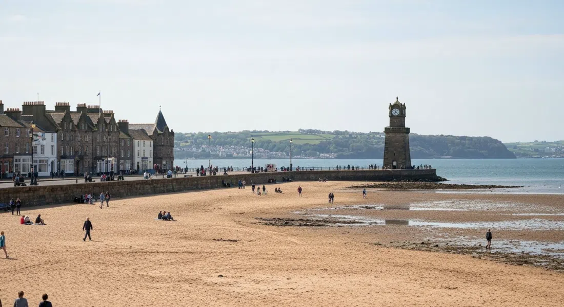 Portobello Beach at low tide with two miles of sand, walkers and swimmers on the Victorian promenade, the Firth of Forth stretching out under a pale Edinburgh sky