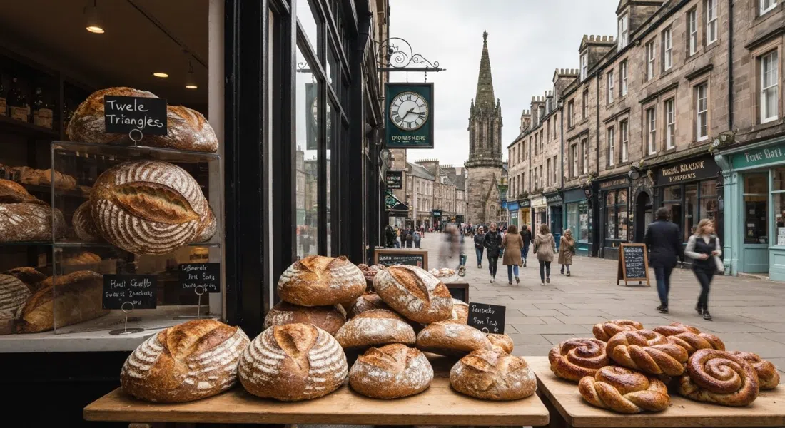 Twelve Triangles on Portobello High Street, a bakery counter with sourdough loaves and sticky cinnamon knots under warm morning light