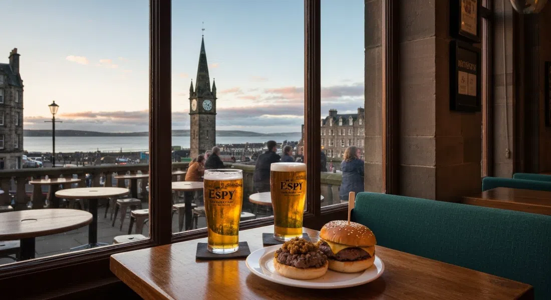 The Espy at 62 Bath Street, window tables facing the Firth of Forth at sunset with a pint and a haggis-topped MacEspy burger on the table