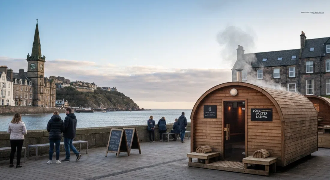Soul Water Sauna on Portobello promenade with steam rising from the wood-fired sauna and the North Sea visible just beyond for a cold plunge