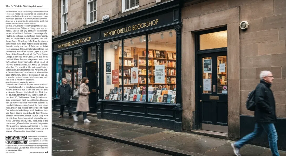 The Portobello Bookshop at 46 High Street, a bright indie bookshop window with curated displays and author-event posters on a rainy afternoon