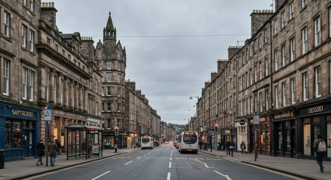 Nicolson Street in Southside Edinburgh with the Festival Theatre frontage, bus stops, tenement stone and evening traffic under a grey sky