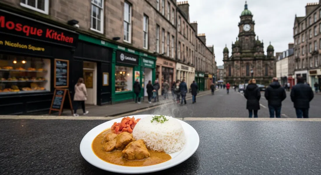 a counter-service plate of chicken curry and rice from Mosque Kitchen on Nicolson Square, simple canteen presentation and steam rising in fluorescent light