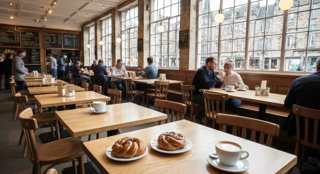 the bright interior of Söderberg Pavilion in Quartermile with cardamom buns, coffee cups and daylight spilling across pale wooden tables