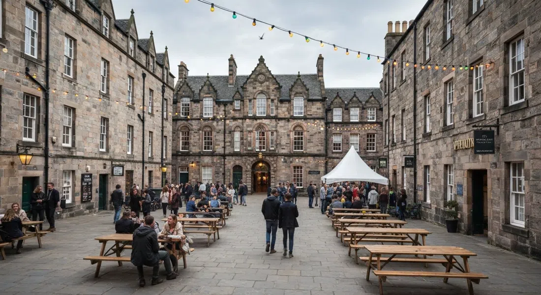 the courtyard at Summerhall Edinburgh with festival visitors, old veterinary buildings, string lights and late-afternoon Fringe bustle