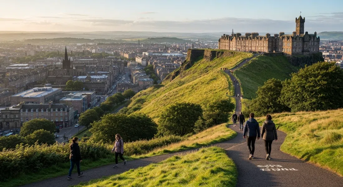 walkers on a marked path up Holyrood Park toward Arthur’s Seat, with Salisbury Crags and the city below in soft morning light