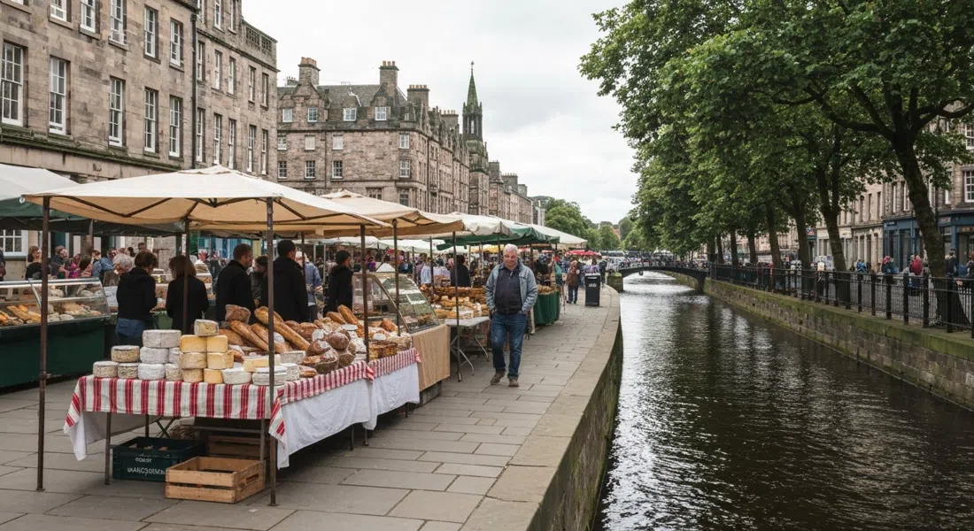 Stockbridge Market in Jubilee Gardens beside the Water of Leith, Sunday morning stalls under soft light with bread, cheese and shoppers moving between the tables