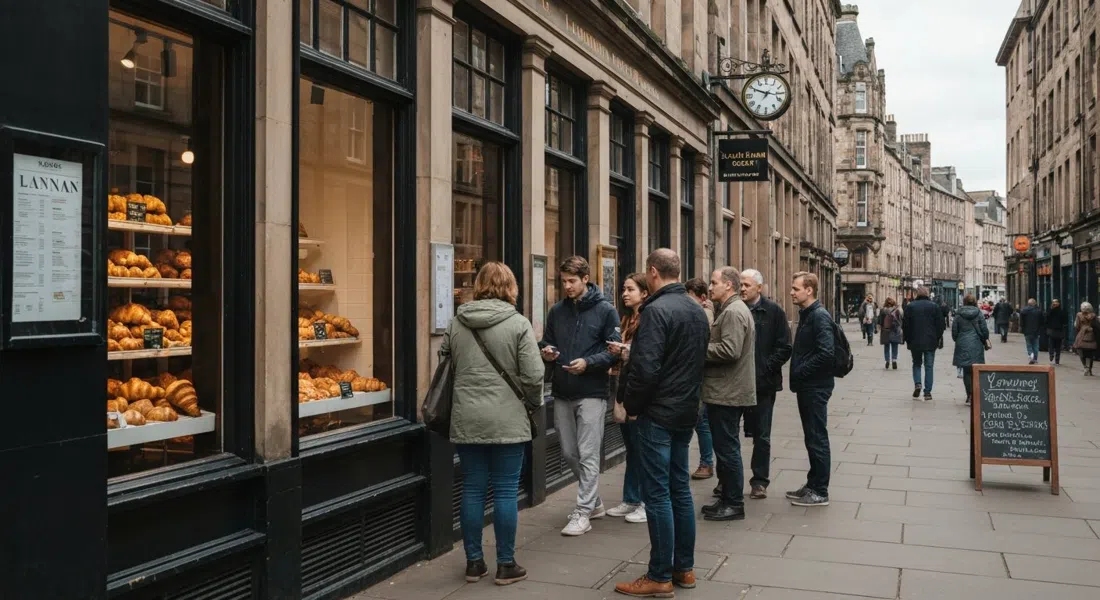 the queue outside Lannan on Hamilton Place in morning light, people waiting for croissants and cardamom buns beside the bakery windows
