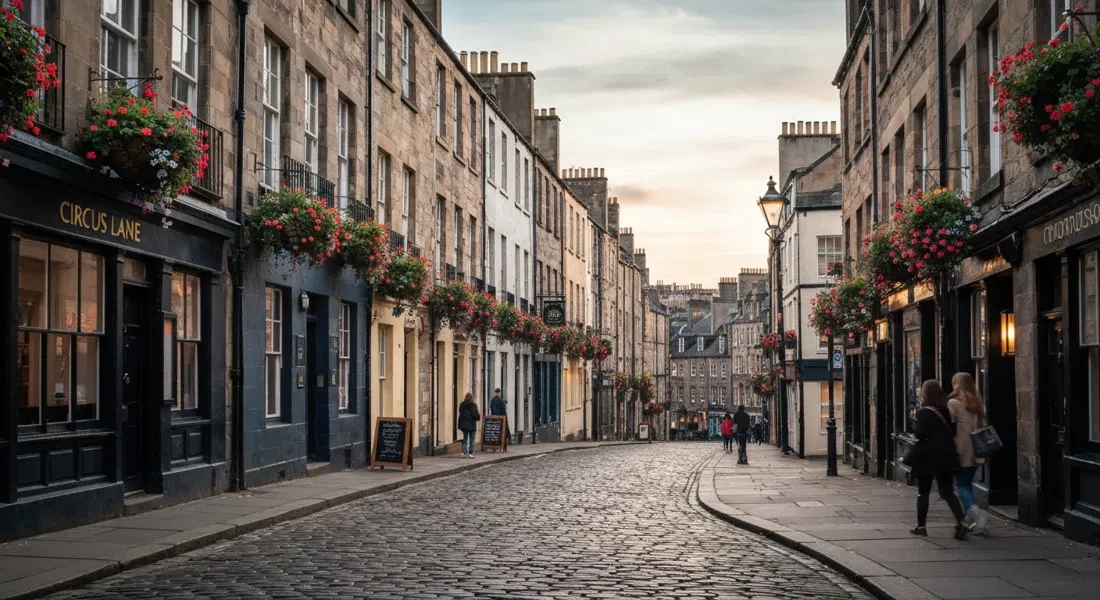 Circus Lane at early morning, curved cobbles, flower-decked mews houses and soft light before the crowds arrive