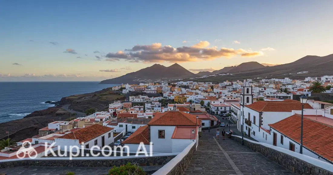 Valverde's steep narrow streets in El Hierro under low trade-wind cloud