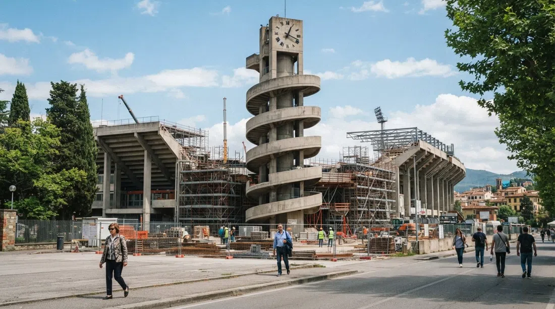 the Stadio Artemio Franchi in Campo di Marte, with Pier Luigi Nervi’s Maratona tower and helical stair-ramps visible beside ongoing renovation works under a bright Florentine sky