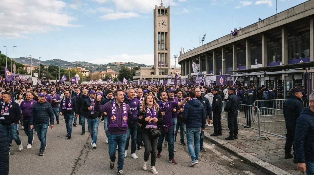 Fiorentina fans outside the Stadio Artemio Franchi on match day, purple scarves, the Maratona tower rising behind them and the stadium approach busy with movement