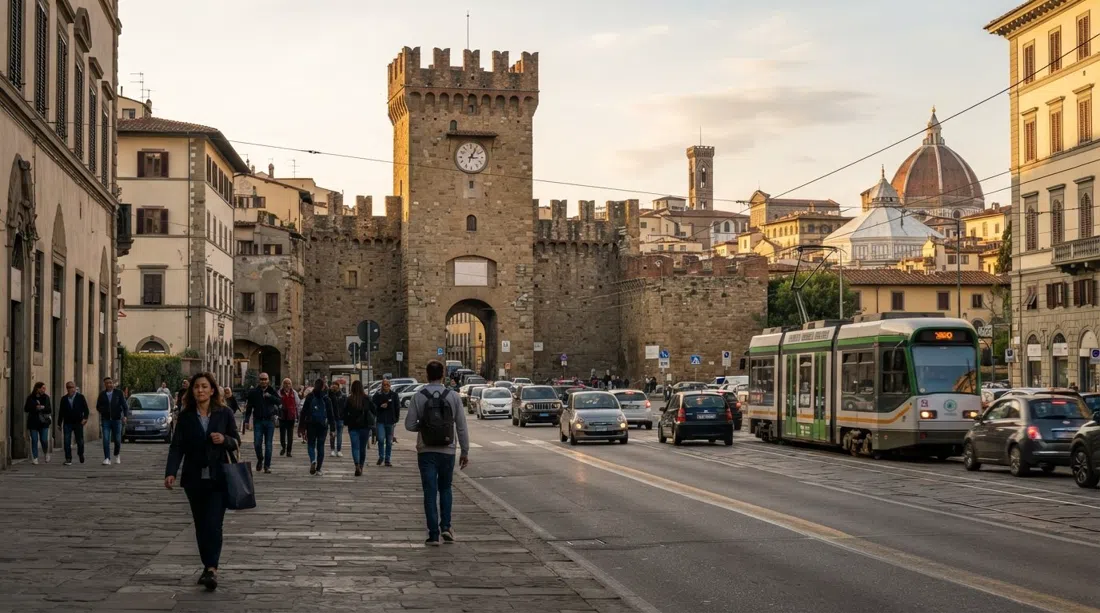 the Porta al Prato gate and the broad western boulevards of Florence at late afternoon, tram lines and traffic framing the old city threshold