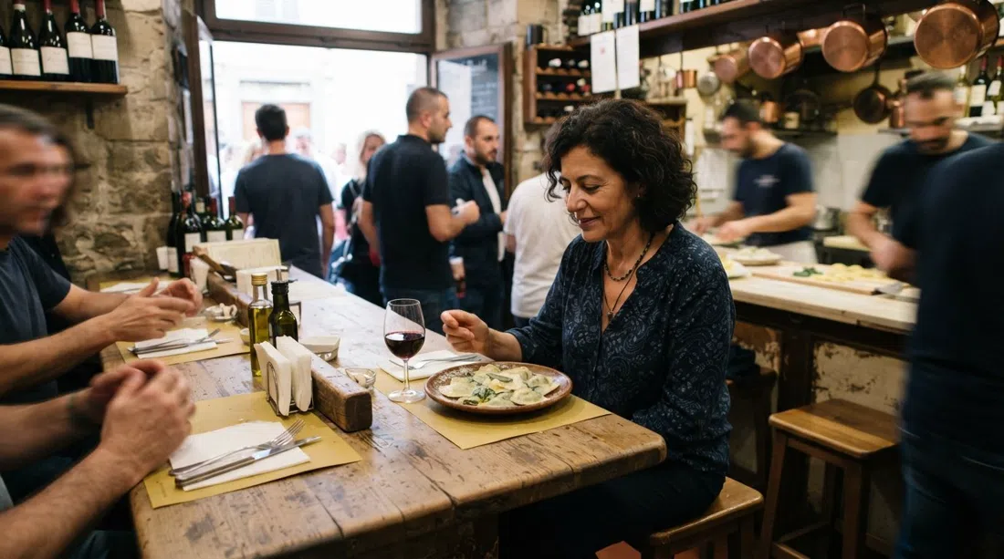 the tiny counter at Vino e Ravioli on Via del Ponte alle Mosse, plated steamed ravioli and a glass of house wine on a cramped, bustling lunch counter