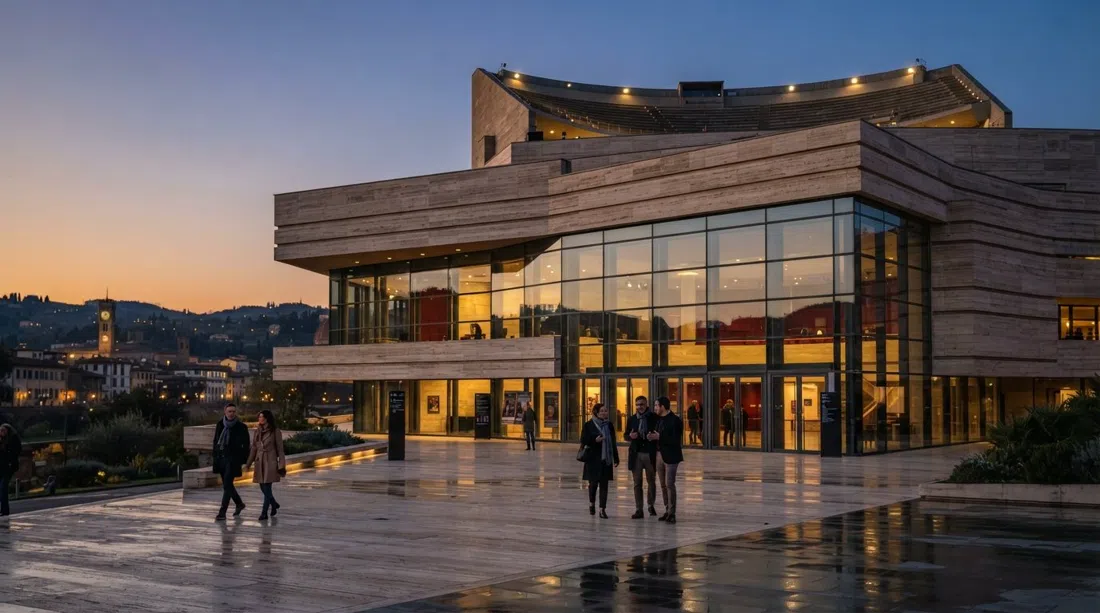 the Teatro del Maggio Musicale Fiorentino at dusk, glass-and-travertine surfaces catching evening light with the rooftop Cavea above