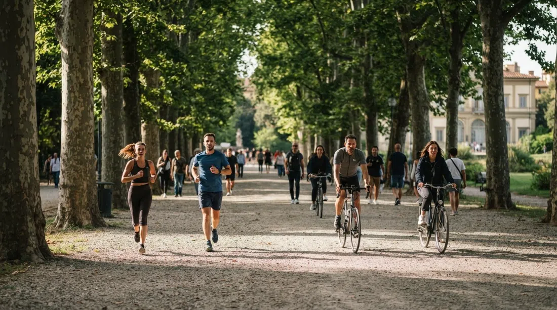 runners and cyclists on the flat main avenue of the Parco delle Cascine, deep shade from plane trees on a hot afternoon