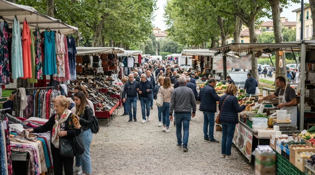 the Mercato delle Cascine on Tuesday morning, rows of market stalls along the park avenue with clothes, shoes and food vendors under open sky