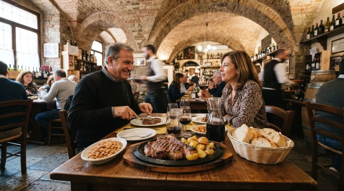 the vaulted interior of All’Antico Ristoro di’ Cambi on Via Sant’Onofrio, brick arches over a bistecca alla fiorentina and Tuscan plates on the table