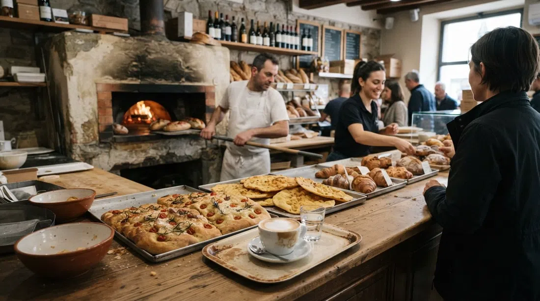 the counter at S.Forno on Via Santa Monaca with focaccia, cecina and a morning coffee beside the original bakery oven