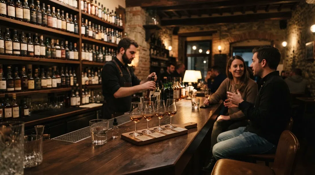the low-lit interior of Love Craft on Borgo San Frediano, rows of whisky bottles and a flight of drams on the bar