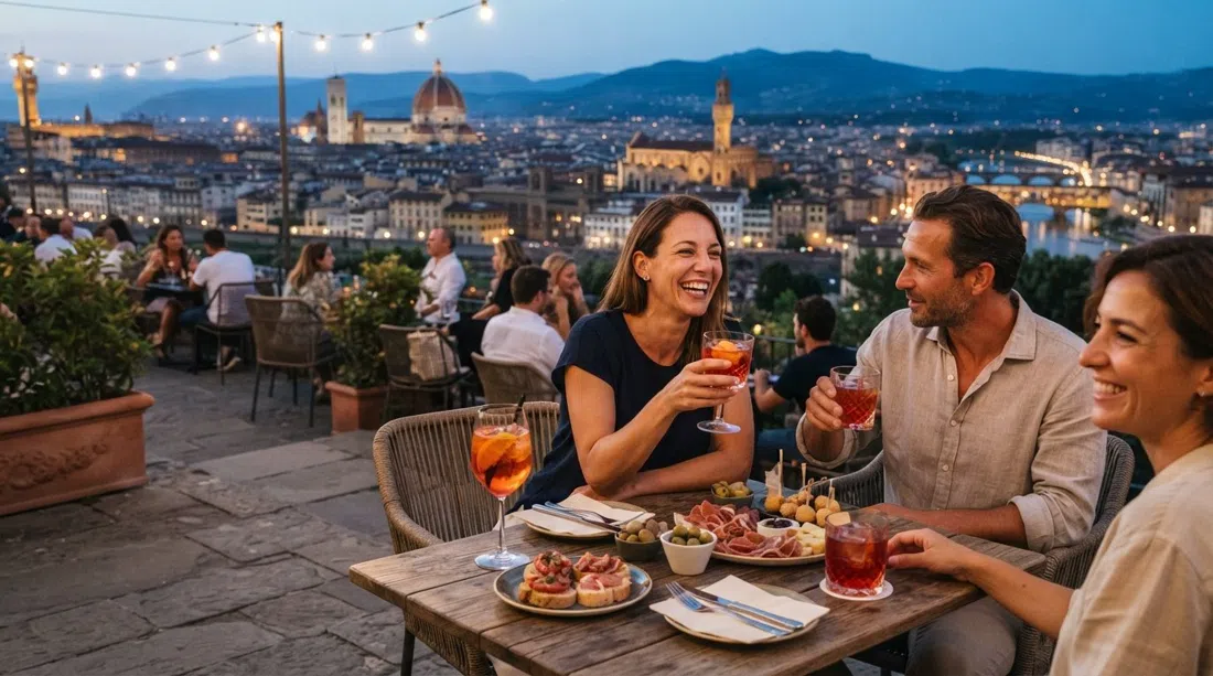 cocktails and a buffet at Flò Lounge Bar beside Piazzale Michelangelo, with Florence spread out in the background at blue hour