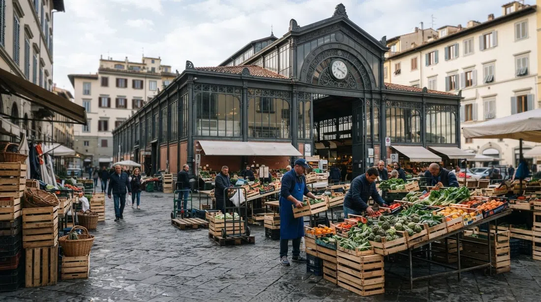 the iron-and-glass hall of Mercato di Sant'Ambrogio on Piazza Lorenzo Ghiberti in early morning light, produce crates stacked outside and traders setting up for the day