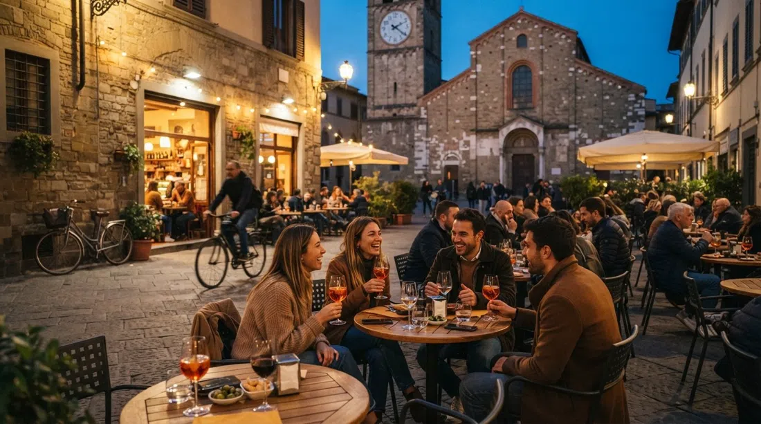 evening aperitivo at Caffè Sant'Ambrogio, tables spilling onto Piazza Sant'Ambrogio under warm light with glasses, locals chatting and bicycles nearby