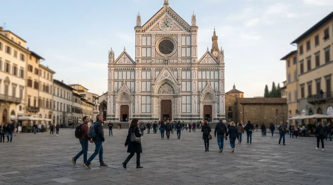 the façade and piazza of Basilica di Santa Croce in Florence at soft morning light, visitors crossing the wide square toward the Franciscan church