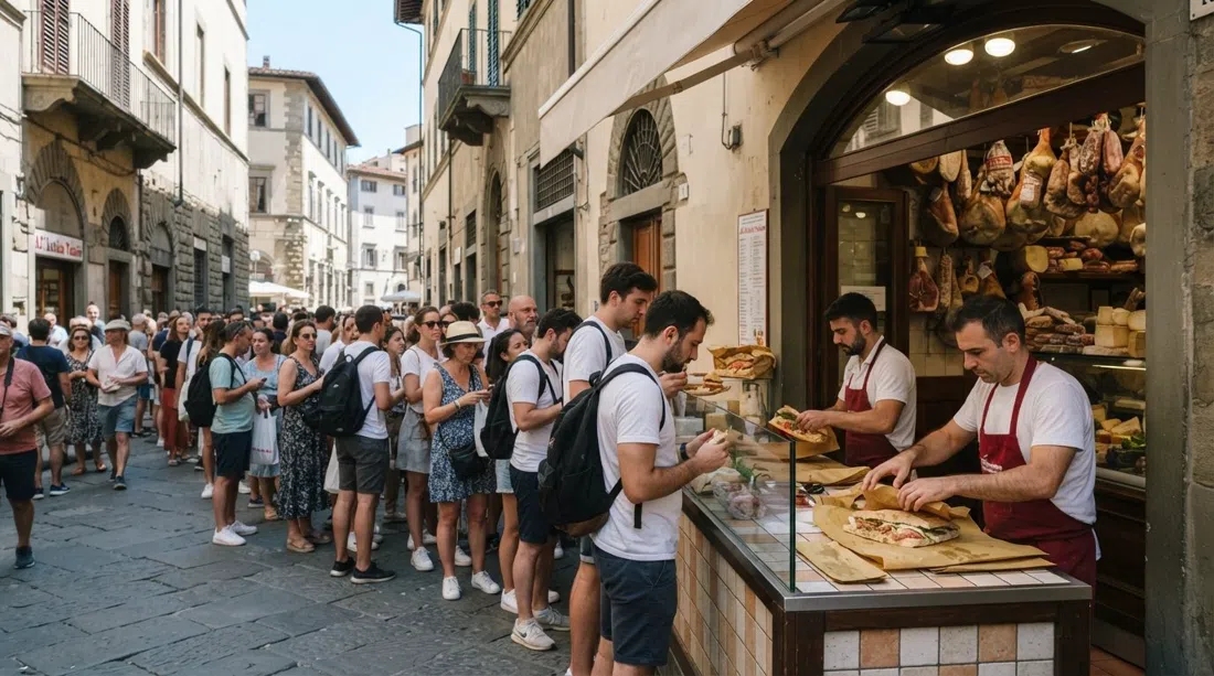 a long queue outside All'Antico Vinaio on Via dei Neri in Florence, schiacciata sandwiches being wrapped at the counter in bright midday sun
