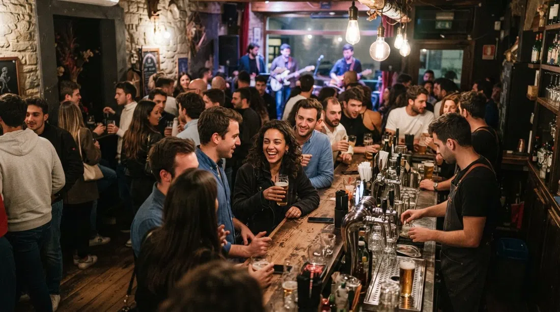 the lively interior of Red Garter on Via de' Benci in Florence, young crowd around the bar with live music atmosphere and late-night drinks