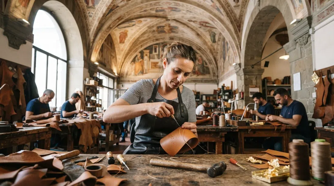 craftspeople working under frescoed 15th-century vaults at Scuola del Cuoio behind Santa Croce, leather being stitched and gilded in a bright showroom
