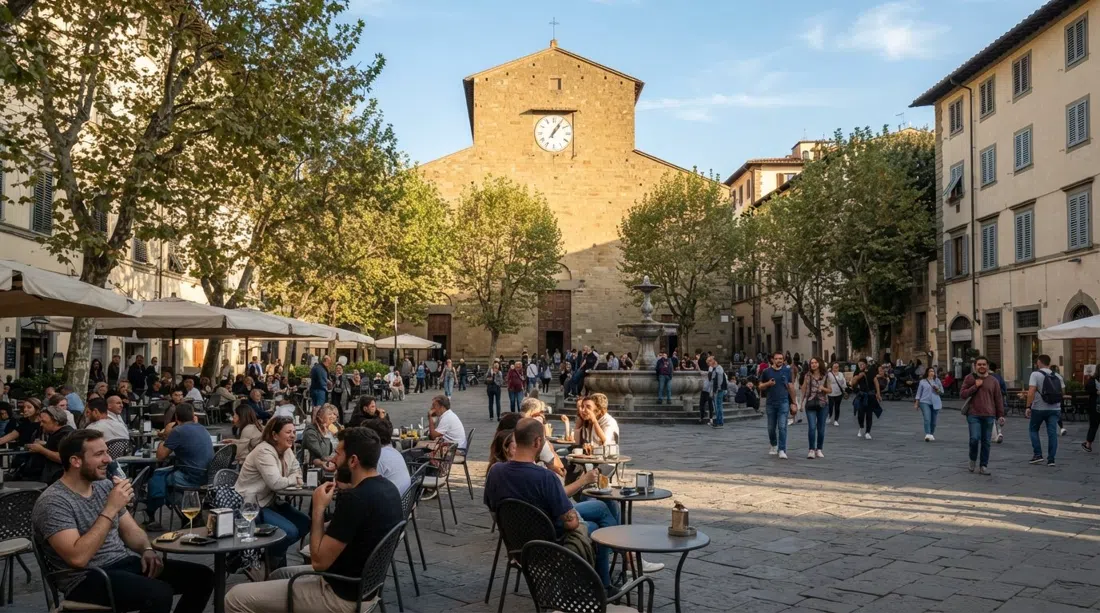 Piazza Santo Spirito in late afternoon light, the plain façade of Basilica di Santo Spirito facing plane trees, café tables and the scruffy central fountain