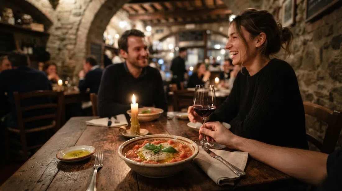A candlelit table at Il Santo Bevitore with dark wood, a bowl of pappa al pomodoro and a glass of red wine under warm low light