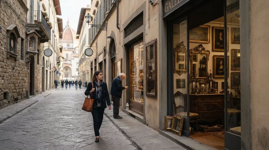 Via Maggio lined with antique shop windows, carved wooden furniture and framed paintings visible in the afternoon shade