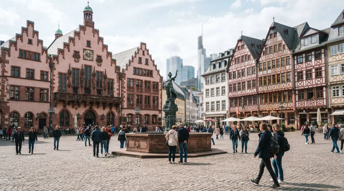 the Römerberg in Frankfurt Altstadt at daylight, the Römer’s stepped gables facing the Ostzeile and the Gerechtigkeitsbrunnen in the square