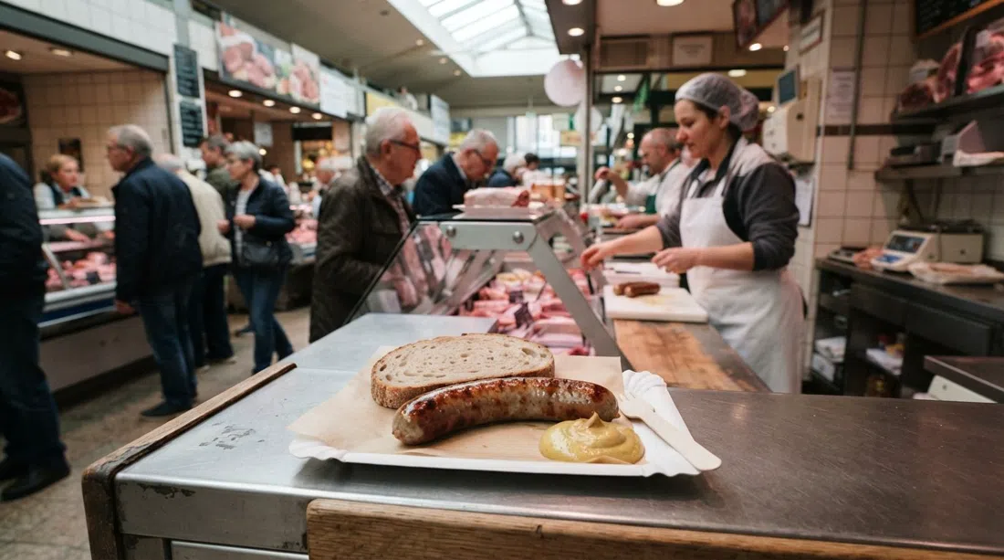 a paper plate from Metzgerei Schreiber inside Frankfurt’s Kleinmarkthalle, hot sausage with bread and mustard at the butcher’s counter