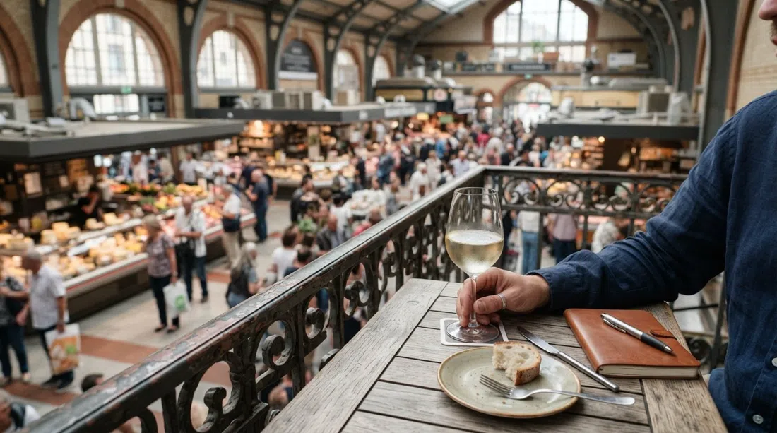 the first-floor Wein-Balkon above Frankfurt’s Kleinmarkthalle, a lunchtime glass of white wine looking down over the market stalls
