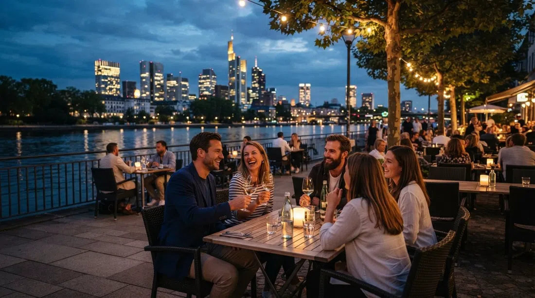 MainNizza on the Untermainkai at dusk, river terrace tables with the Frankfurt skyline lit up across the Main