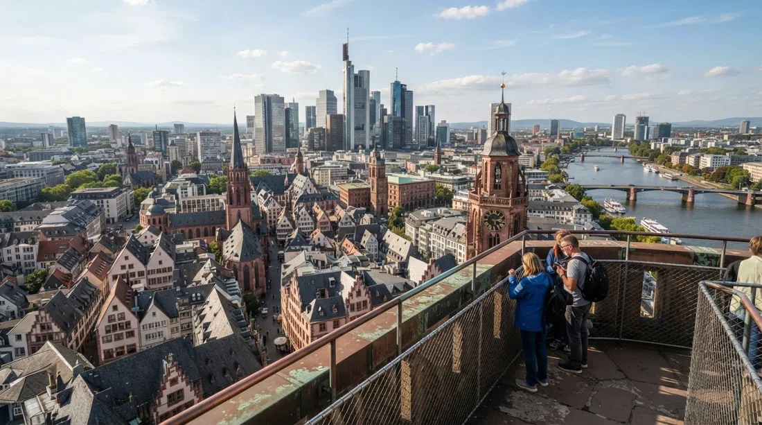 the view from Frankfurt’s Kaiserdom tower over Altstadt rooftops toward the skyline and Museumsufer in clear afternoon light